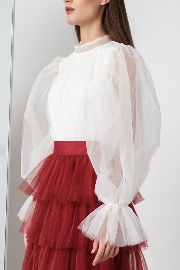 White Tulle Shirt with Puff Sleeves