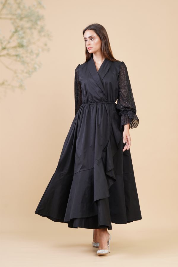 Black Dress with Side Ruffles