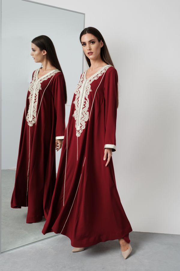 Burgundy Dress with Hand Embroidery