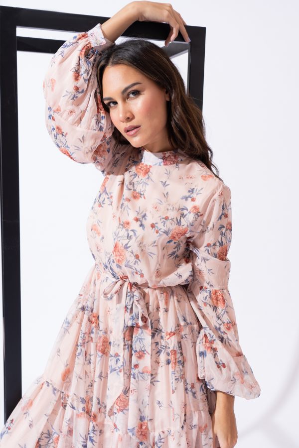Peach Floral Tiered Dress