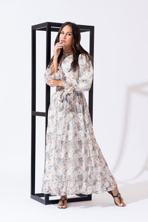 Tiered Floral Dresss With Gathered Neck