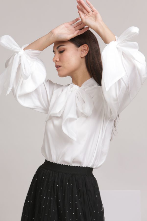 White Bow Organza Blouse with Tie Sleeves