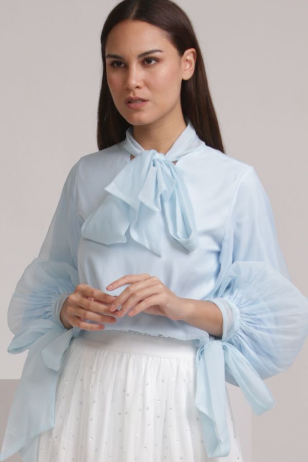 Blue  Bow Organza Blouse with Tie Sleeves