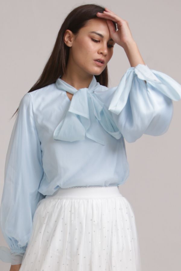 Blue  Bow Organza Blouse with Tie Sleeves