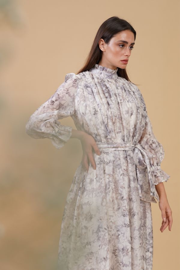 Gray Floral Dress with Shouder Pleats