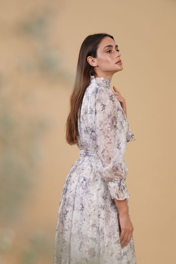 Gray Floral Dress with Shouder Pleats