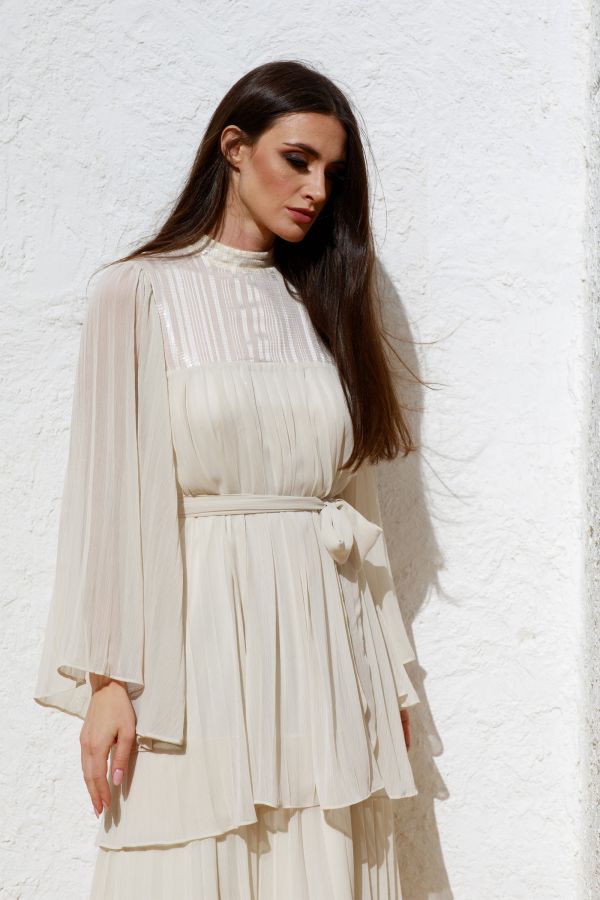 Off White Pleated Layered Dress