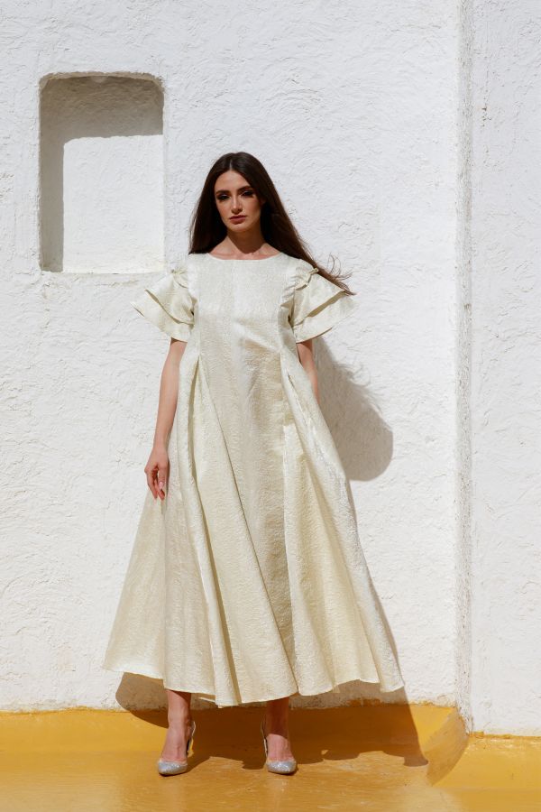Cream Jacquard Dress with Pleates