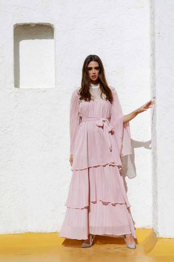 Pink Pleated Layered Dress