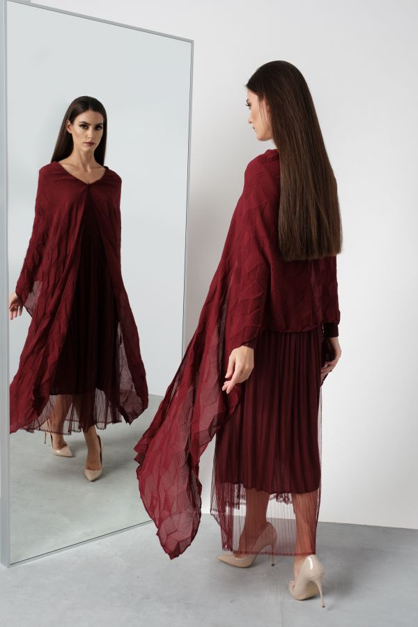 Pleated Burgundy Dress With Scarf 