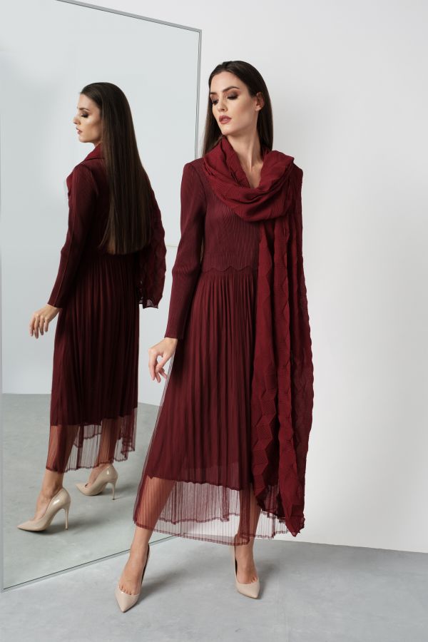Pleated Burgundy Dress With Scarf 