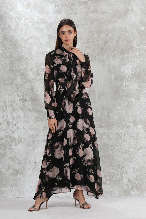 Black Floral Dress with Elastic Waist