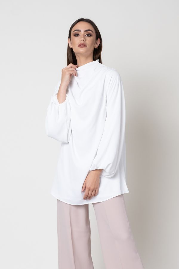 White Cowl Neck Shirt with Puff Sleeves