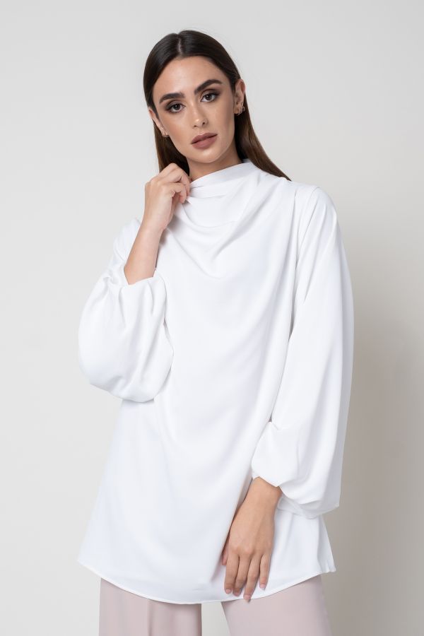 White Cowl Neck Shirt with Puff Sleeves