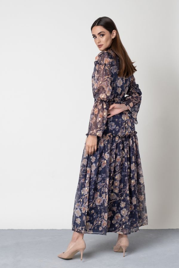 Navy Blue Floral Dress with Ruffles