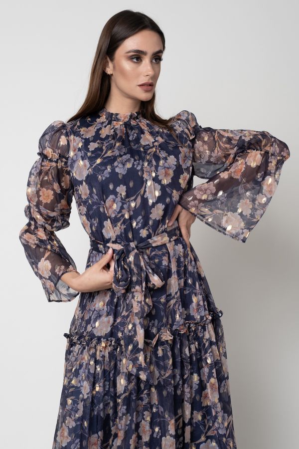 Navy Blue Floral Dress with Ruffles