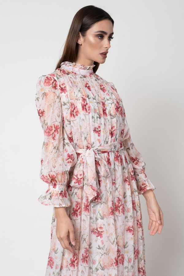 Floral Dress with Shoulder Pleats