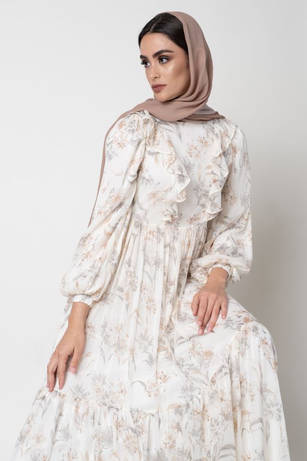 Cream Floral Dress with Ruffles