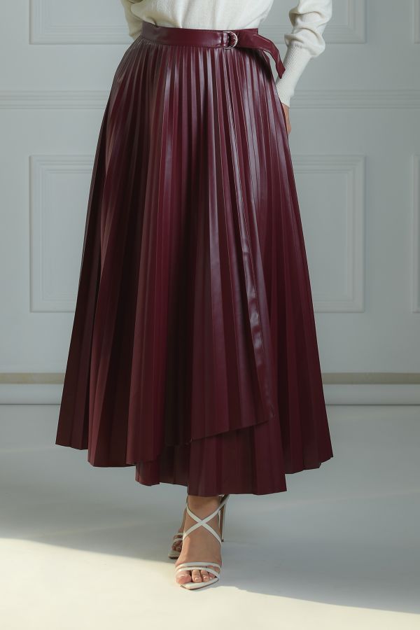 Burgundy Leather Pleated Skirt