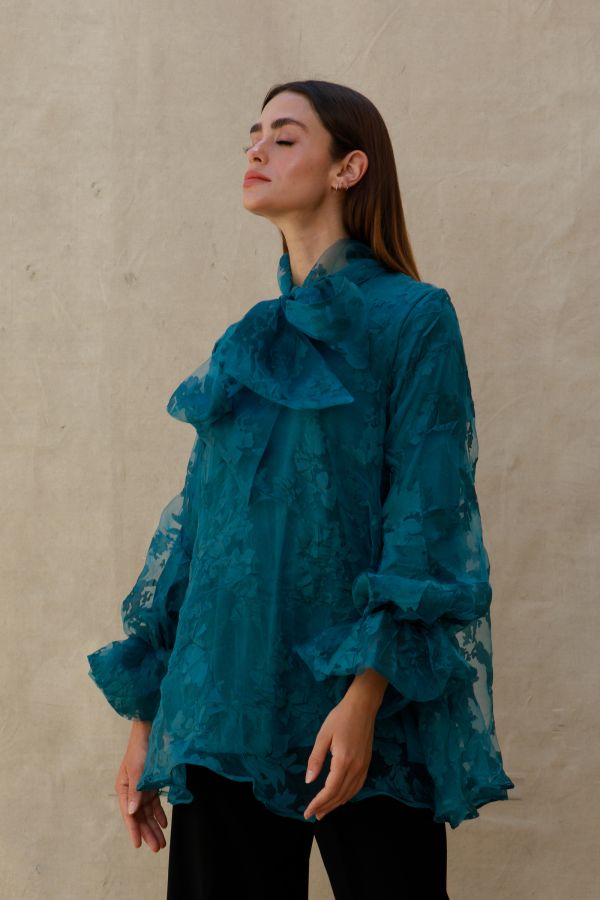 Green Organza Floral Shirt with Bow