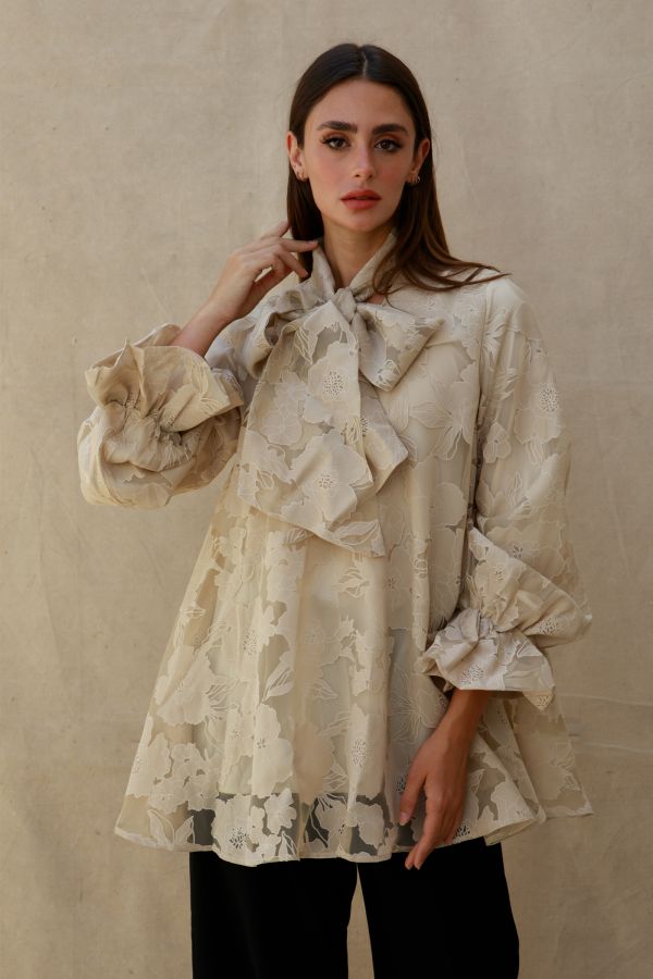Beige Organza Floral Shirt with Bow