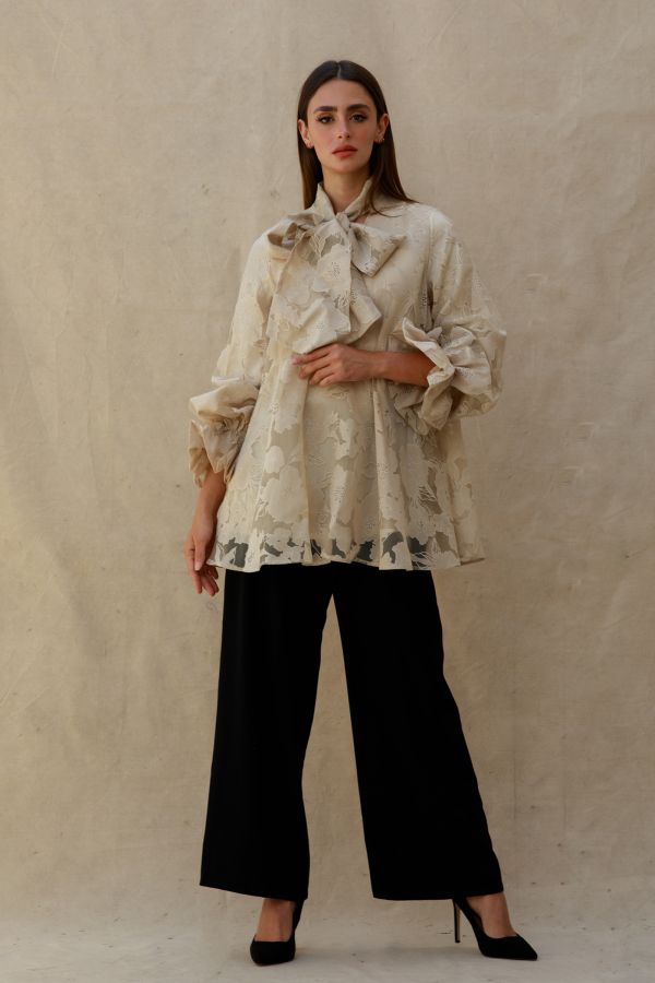 Beige Organza Floral Shirt with Bow