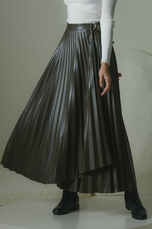 Olive Green Leather Pleated Skirt