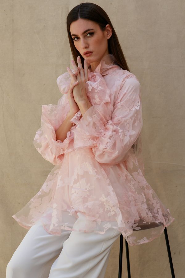 Pink Organza Floral Shirt with Bow