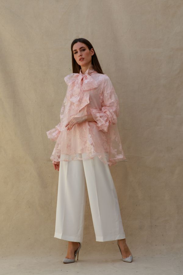 Pink Organza Floral Shirt with Bow