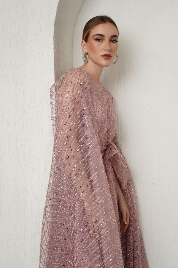 Light pink embellished dress with cape sleeves 