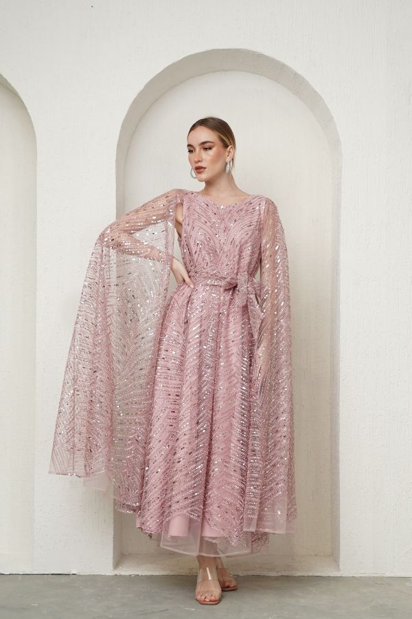 Light pink embellished dress with cape sleeves 