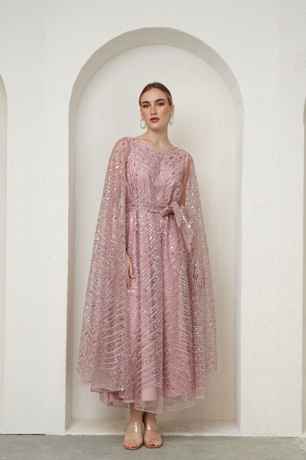 Light pink embellished dress with cape sleeves 