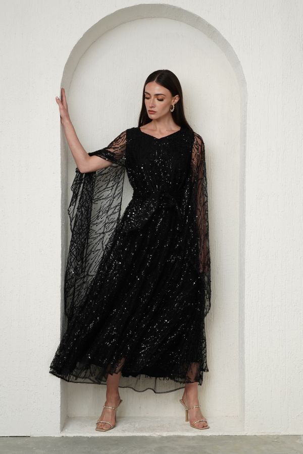 Black embellished dress with cape sleeves 