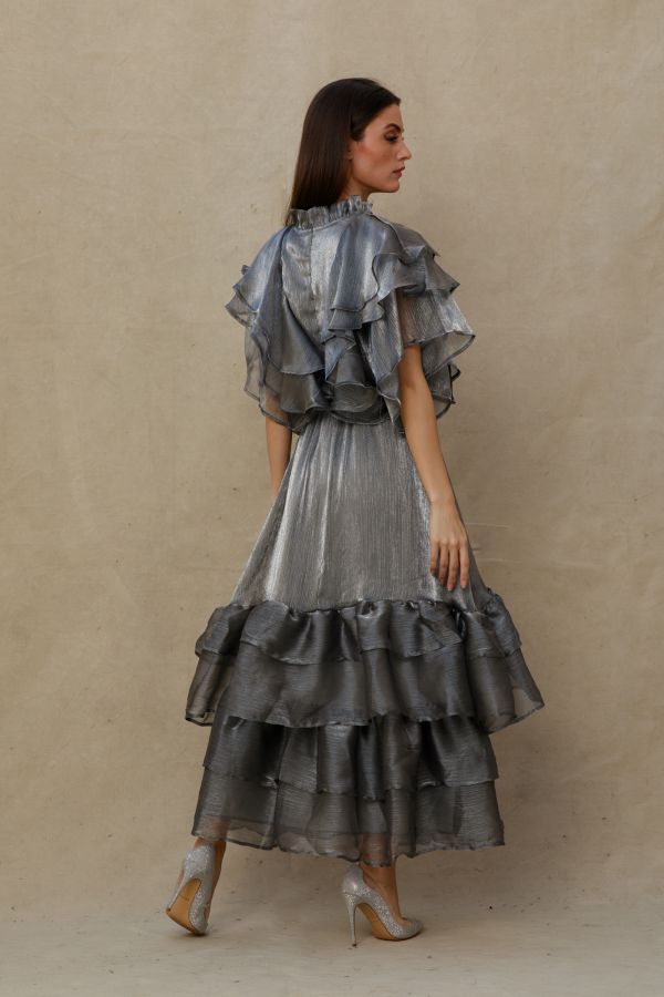 Gray Ruffles Dress with Strass Studs