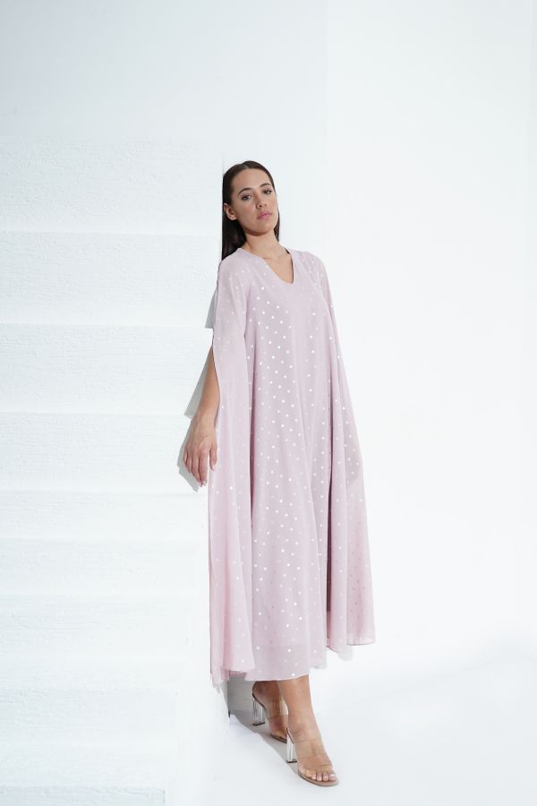 Pink dotted dress with cape sleeves