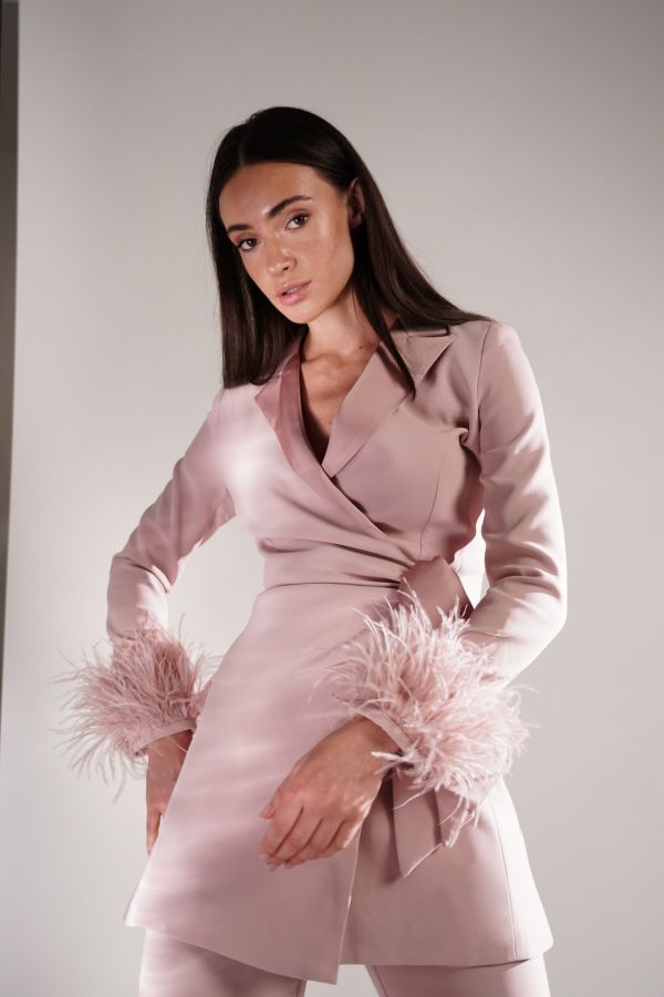 Pink jacket with feather sleeves