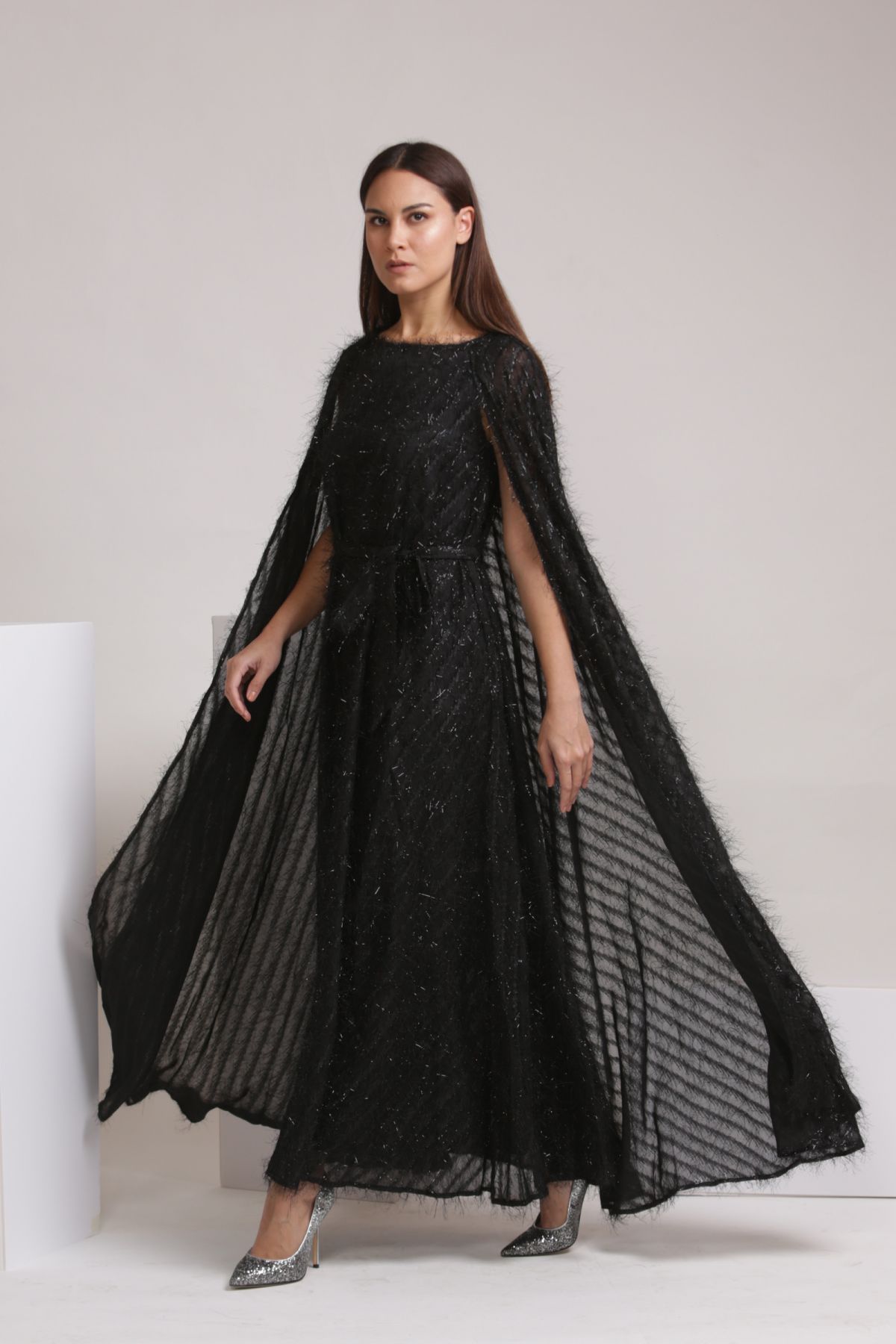 Long black cape dress clearance