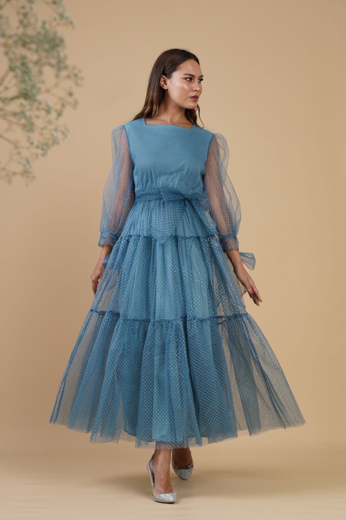 Teal Dotted Tulle Dress Le Merge