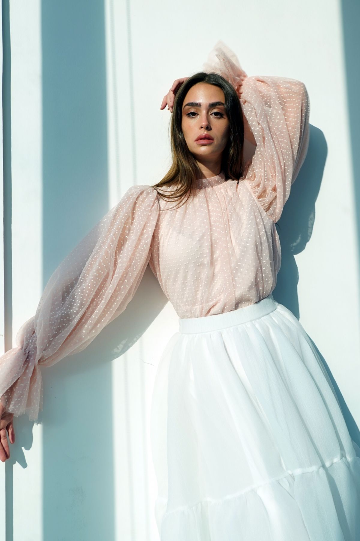 Pink Polka Dots Tulle Shirt with Puff Sleeves - Le Merge