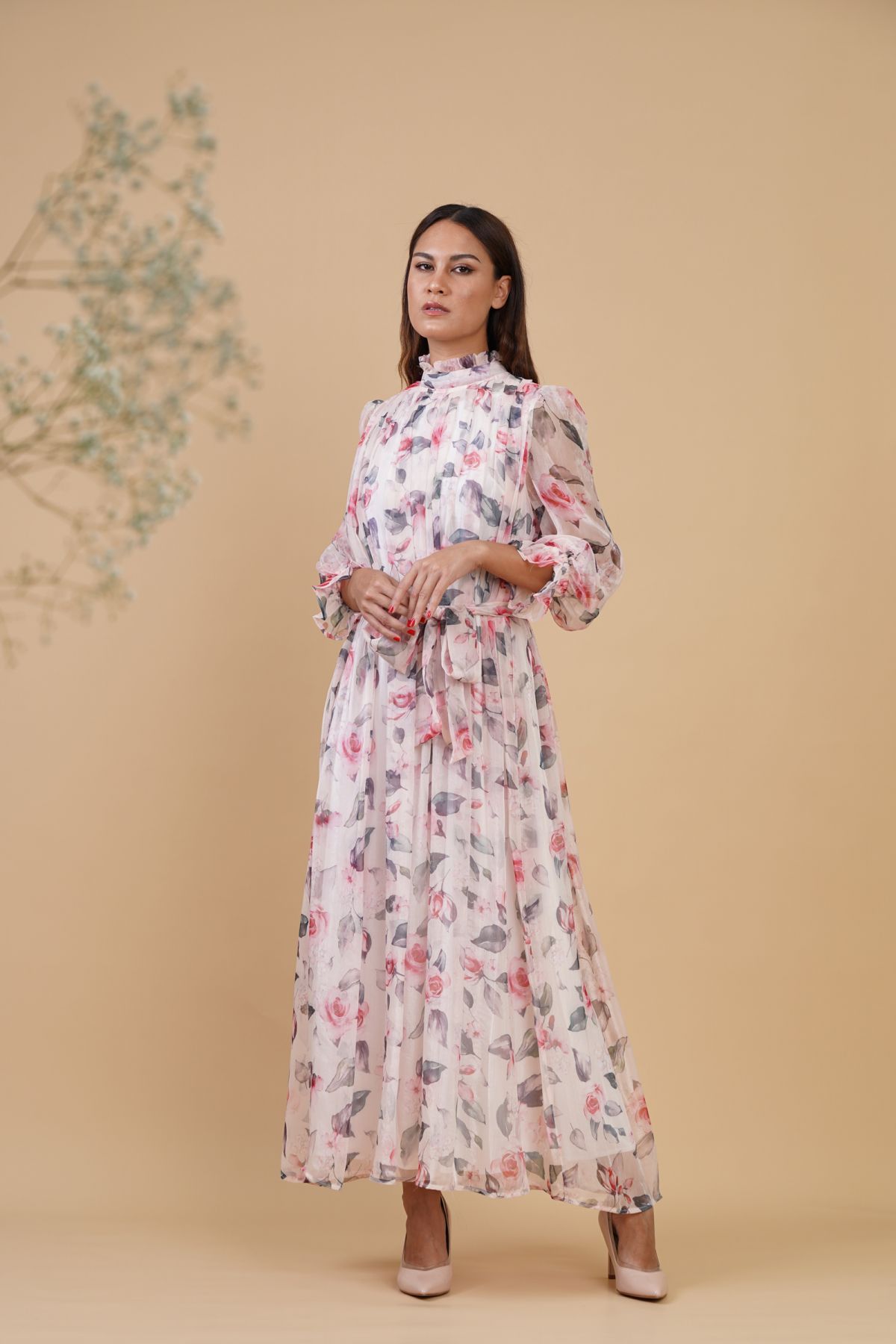 Pink Floral Pleated Shoulder Dress Le Merge