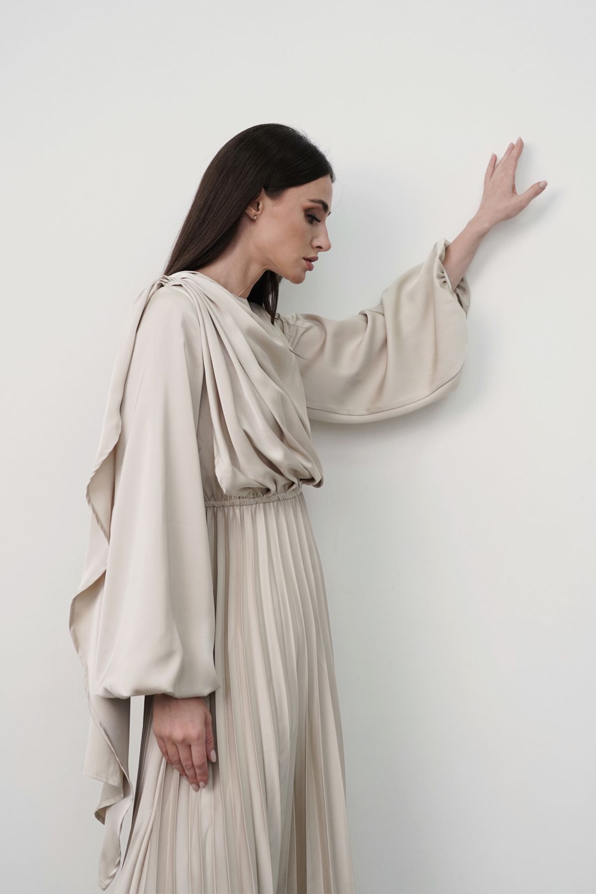 Beige pleated hotsell dress