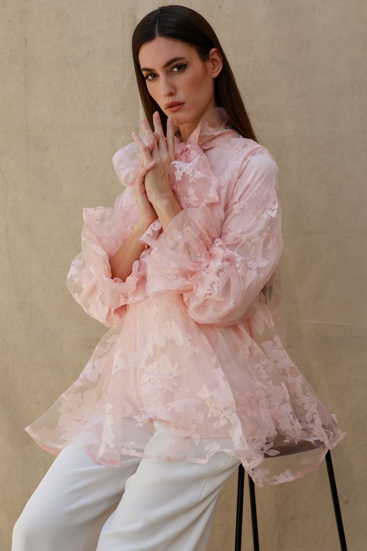 Pink Organza Floral Shirt with Bow - Le Merge