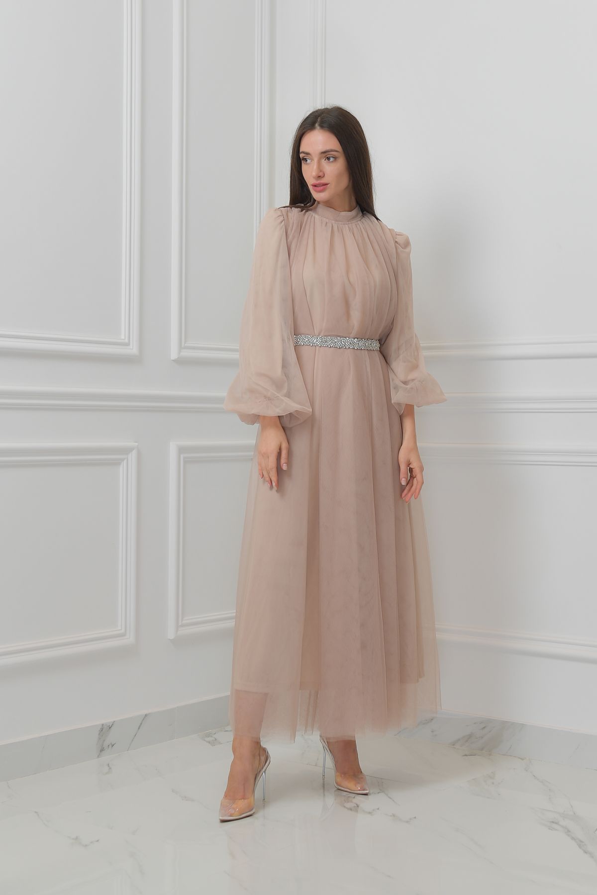 Beige Tulle Dress with Embellished Belt Le Merge