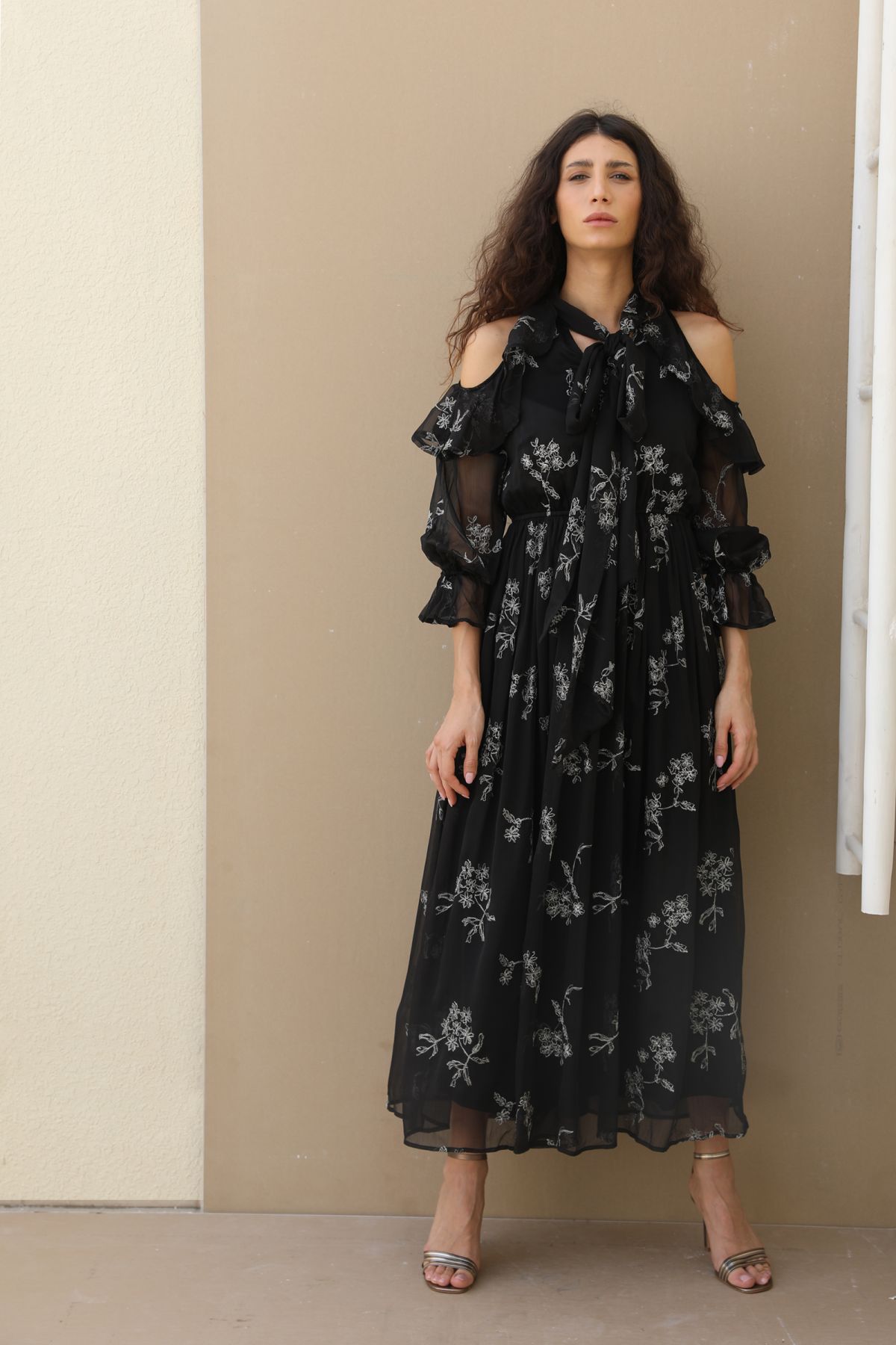Black Embroidered Cold Shoulder Dress with Bow Le Merge