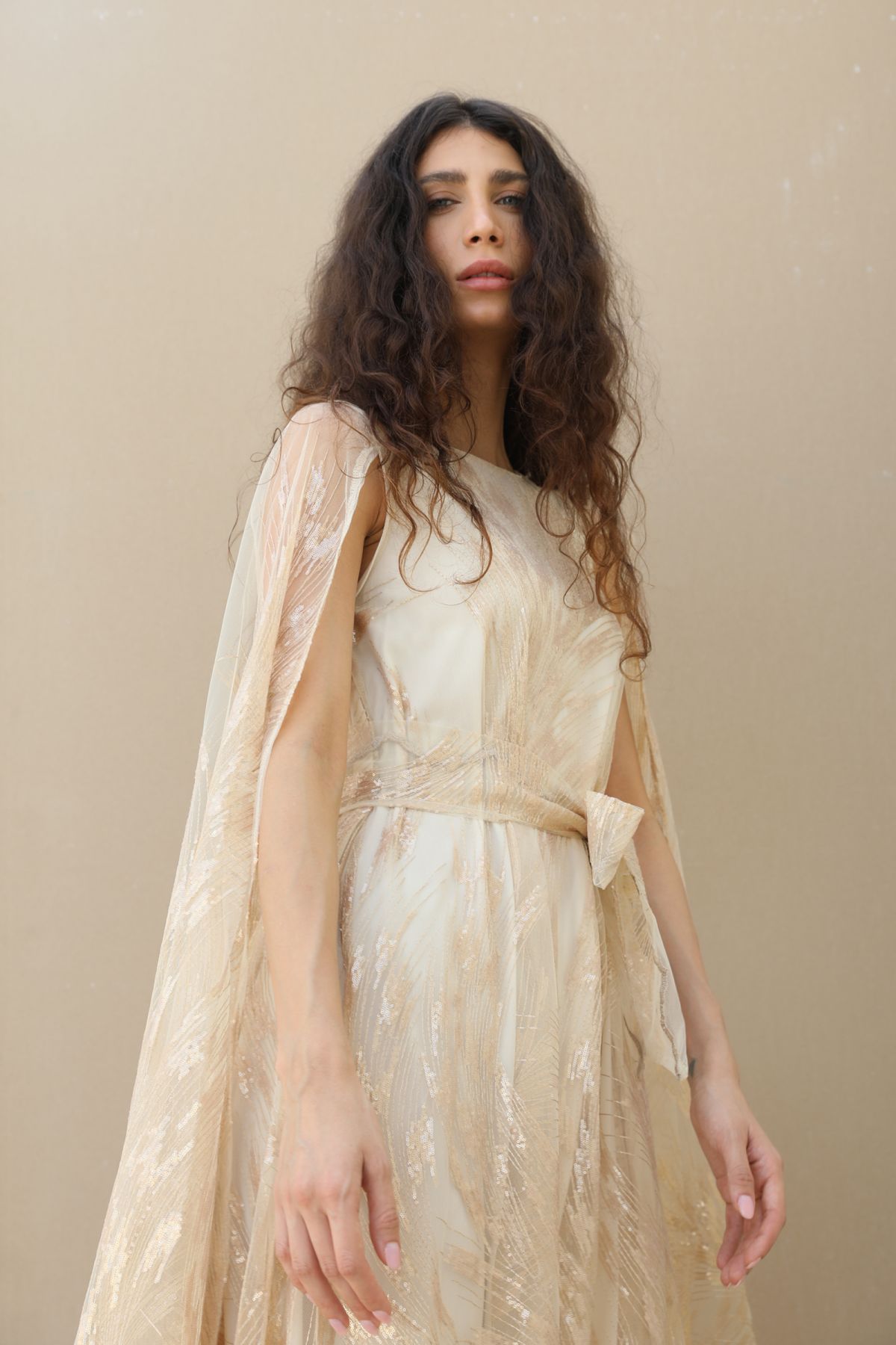 Gold Cape Sleeves Embelished Dress Le Merge