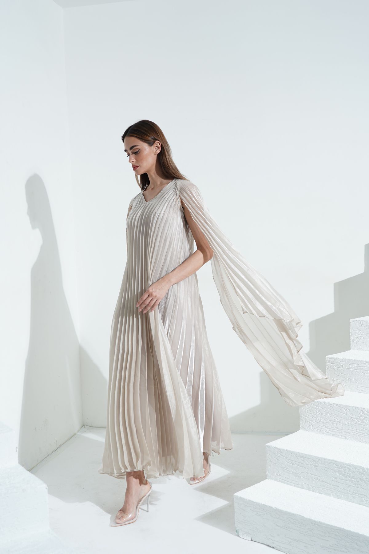 Beige cape dress new arrivals