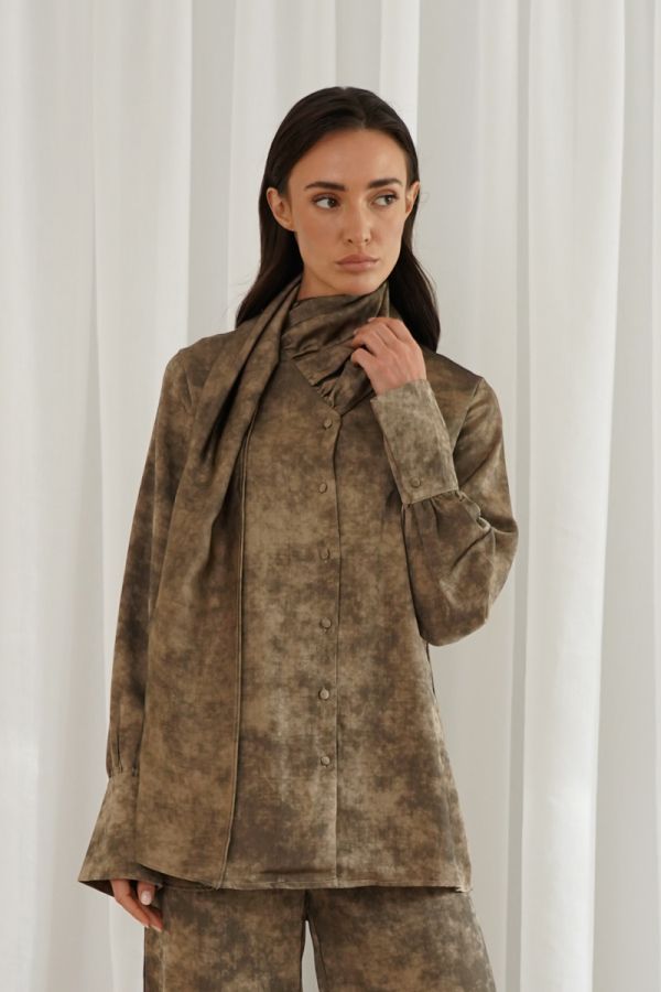 Brown printed shirt with scarf