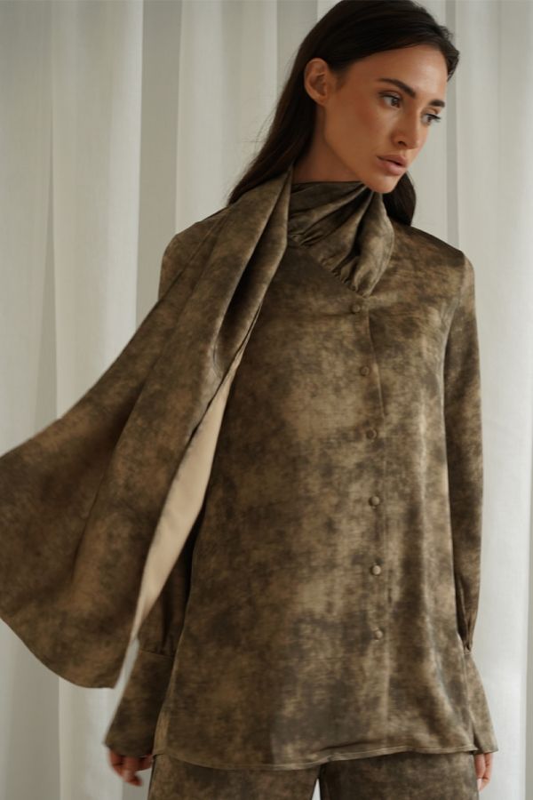 Brown printed shirt with scarf