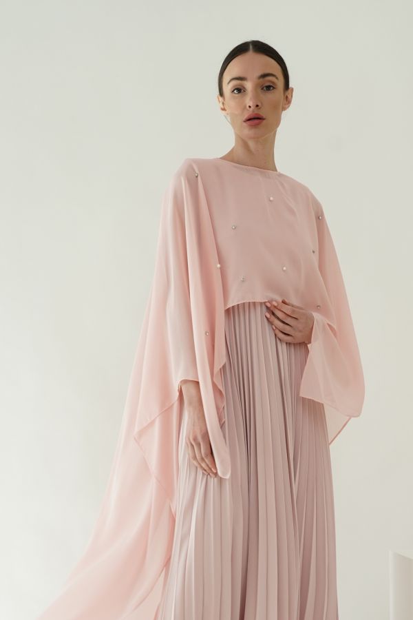Pink pleated dress with cape layer