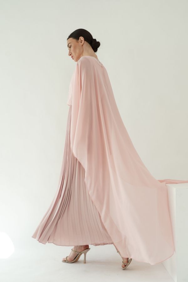 Pink pleated dress with cape layer